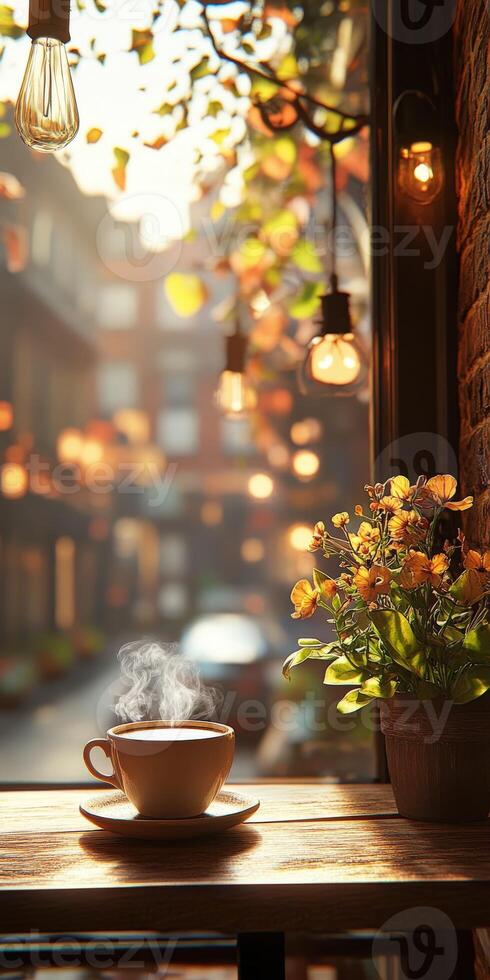 Coffee cup and flowers on a table in front of a window photo