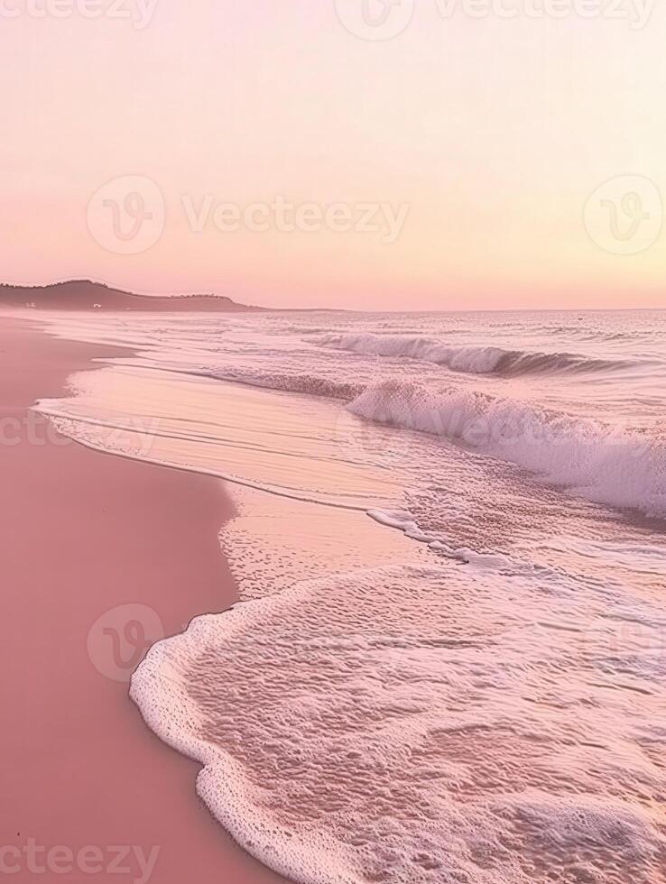A pink sand beach with waves and a pink sky photo