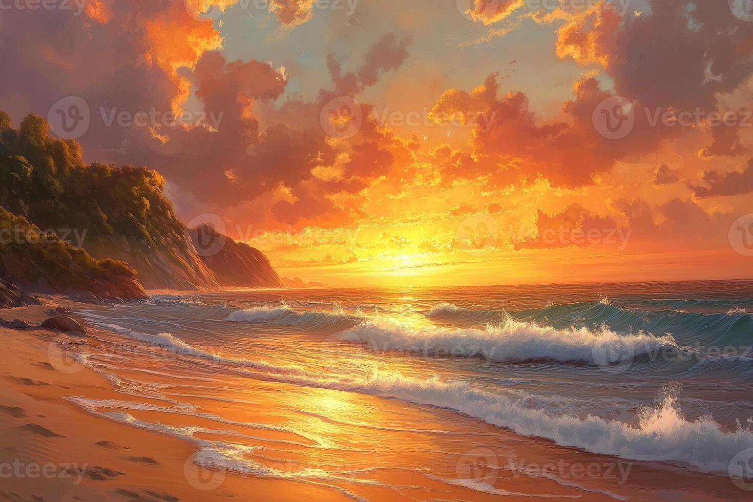 Sunset over a serene beach with gentle waves and clouds photo