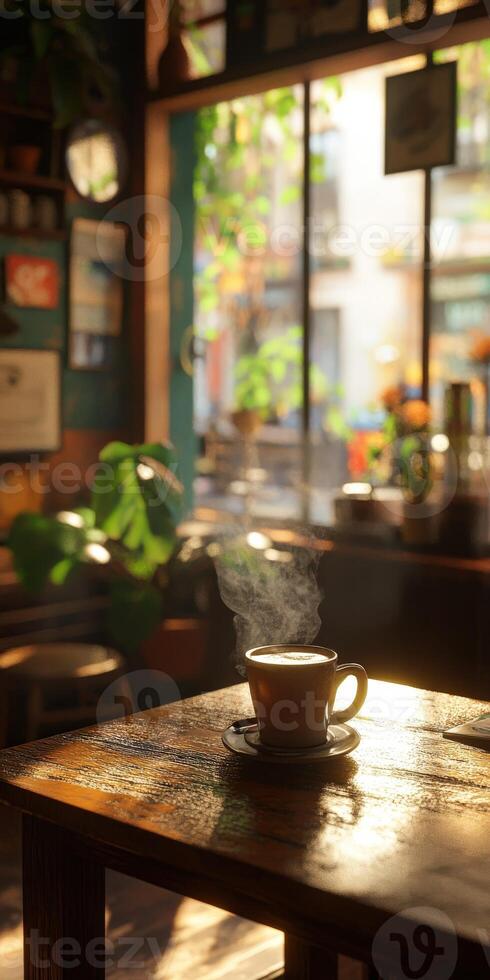 Warm cup of coffee on a rustic table in a cozy cafe photo