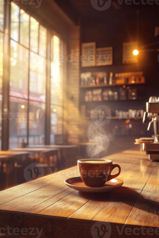 Coffee cup on wooden table in front of window photo