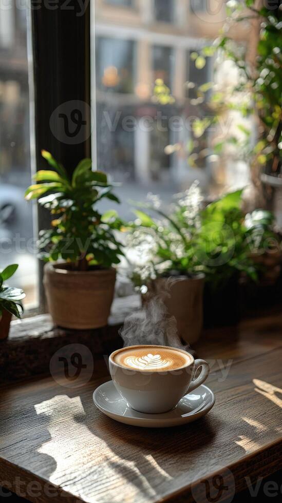 Warm cup of coffee by the window in a cozy cafe photo