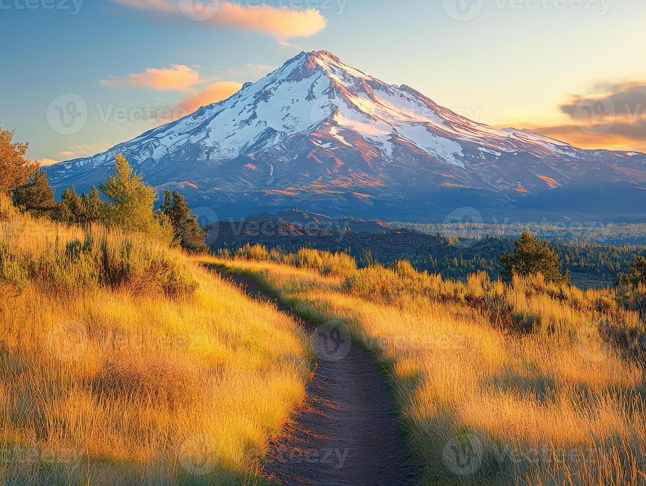 A trail leading to a mountain with a snow capped peak photo