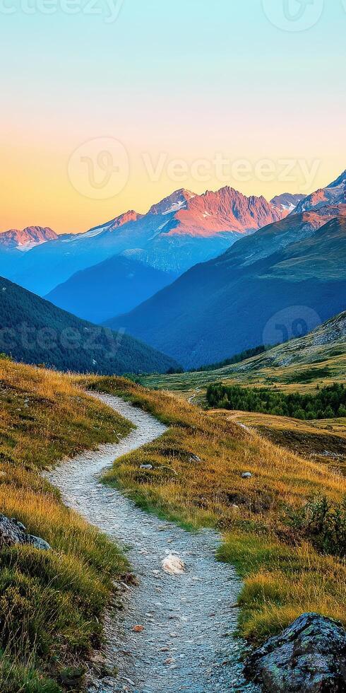 Scenic mountain pathway at twilight with vibrant skies photo