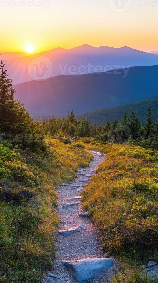 Explore the winding trail at sunset in the mountains photo