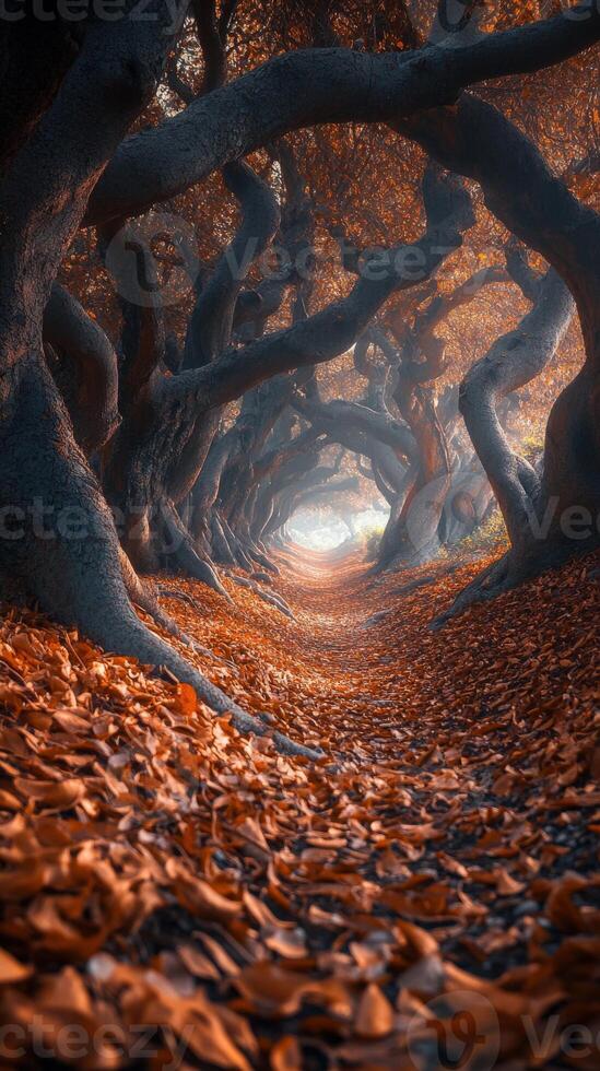 Mysterious forest path lined with twisted trees in autumn photo