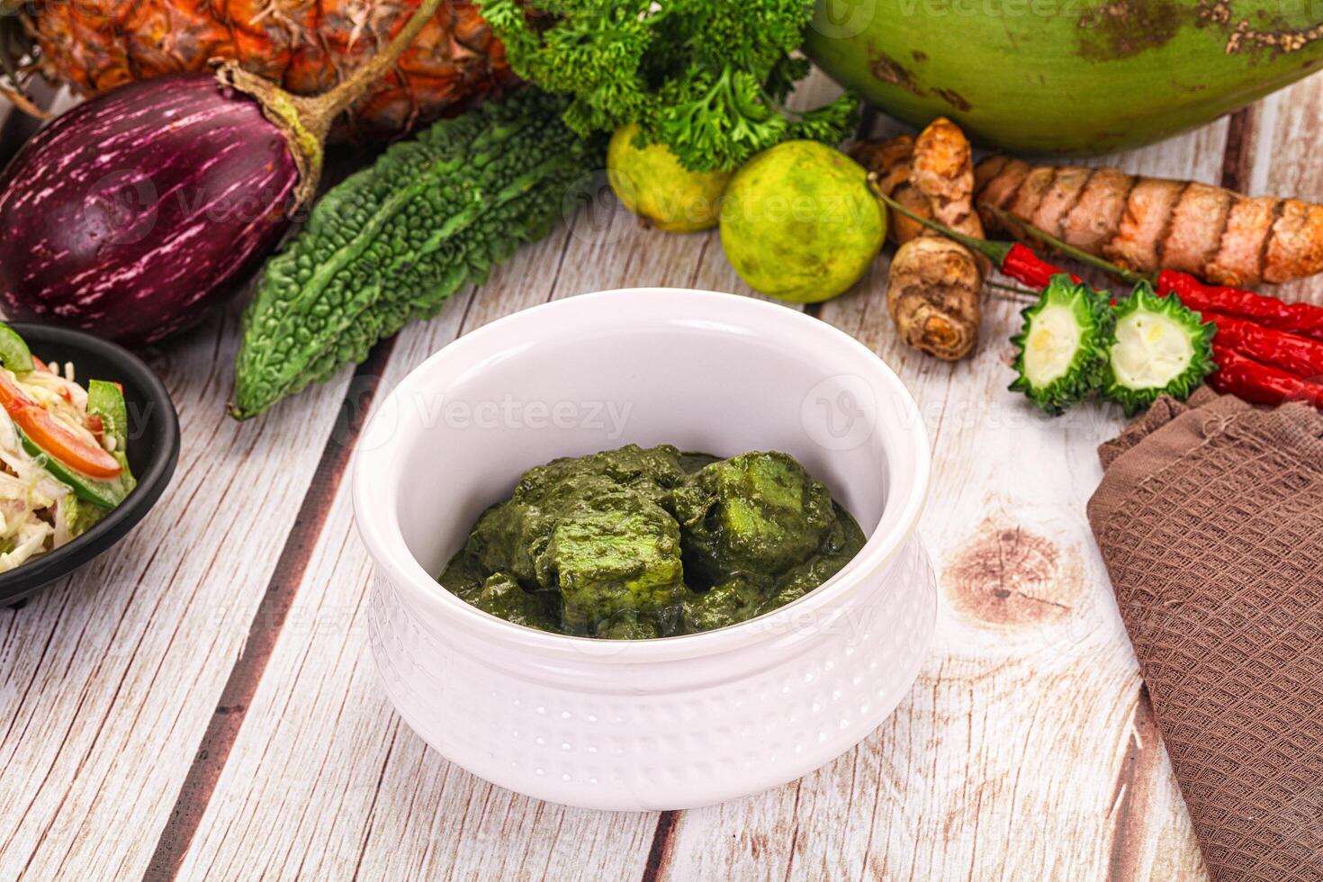 A bowl of food on a table with other food photo