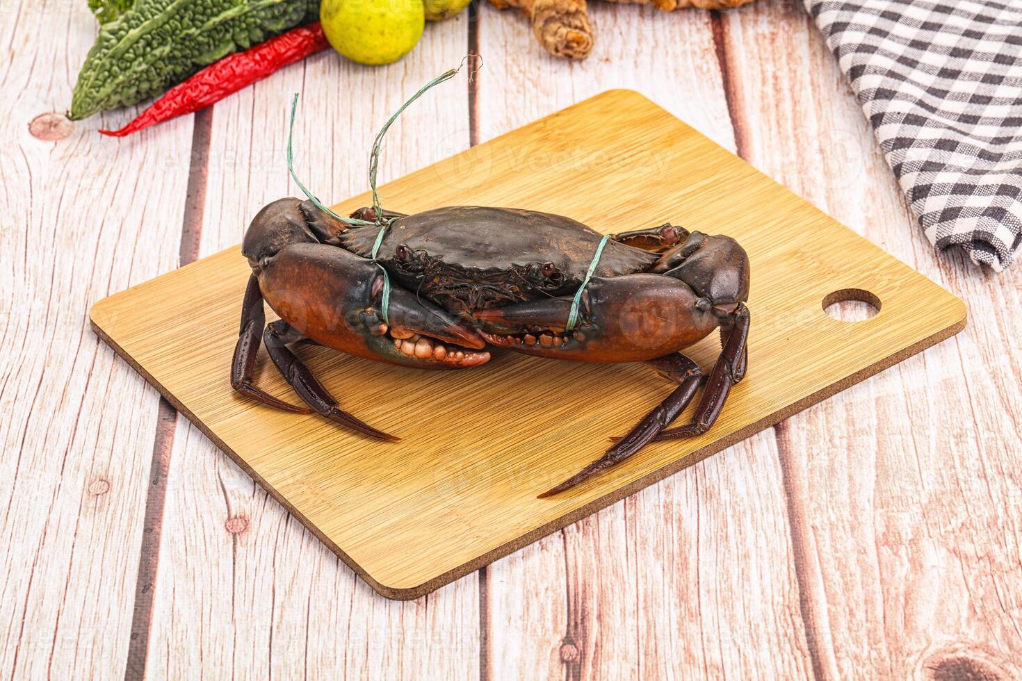 A crab on a cutting board with vegetables and spices photo