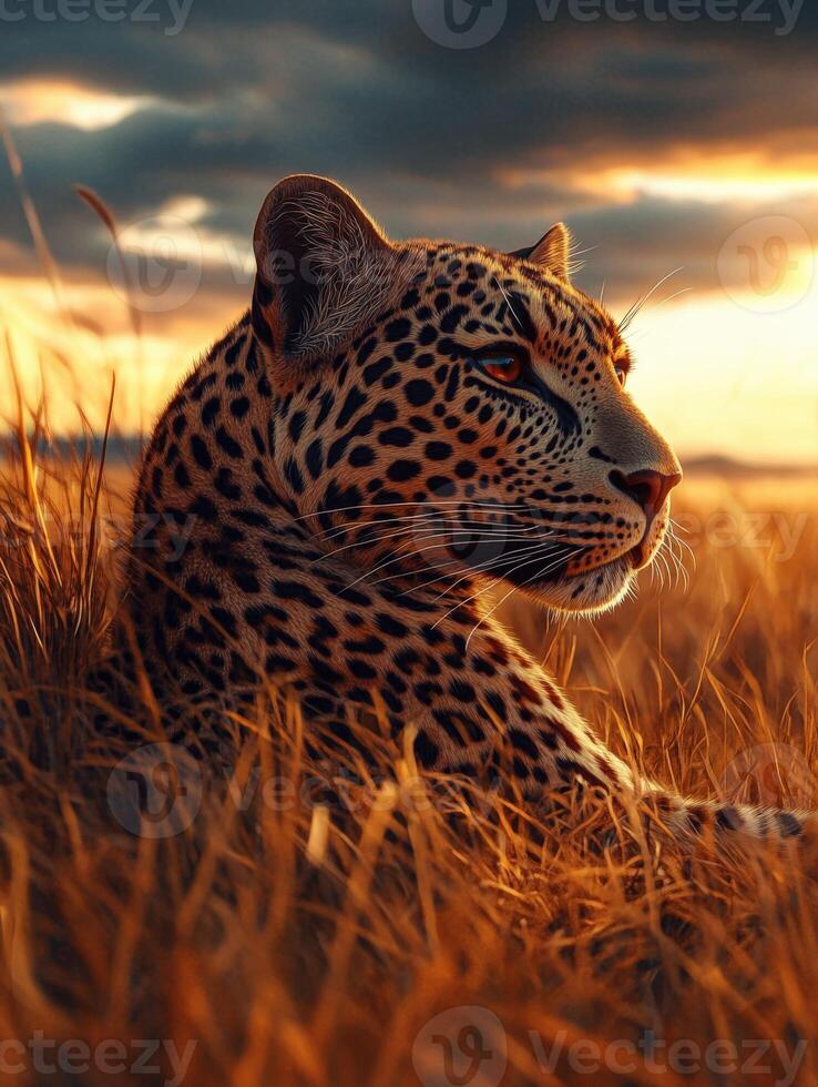 A leopard is sitting in the grass at sunset photo