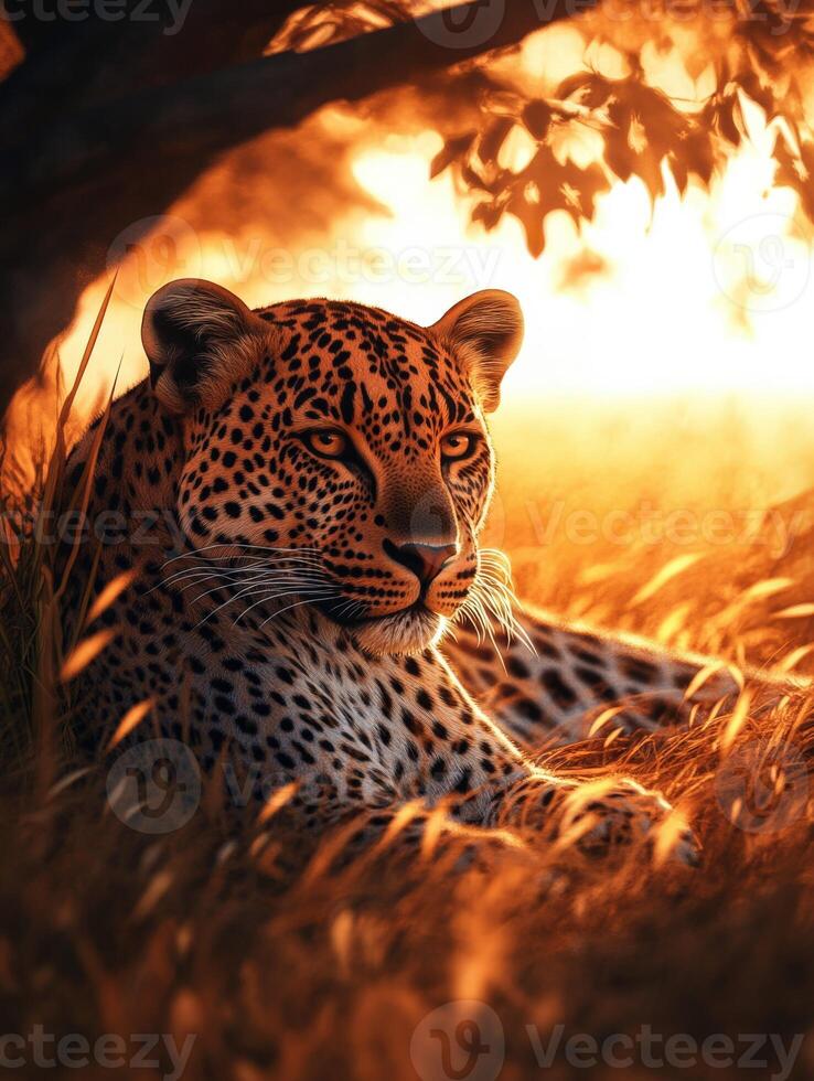 Leopard resting under tree during sunset in savanna photo