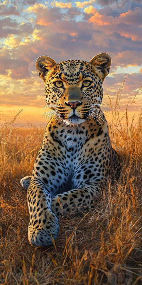 Majestic leopard lounging in tall grass at sunset photo