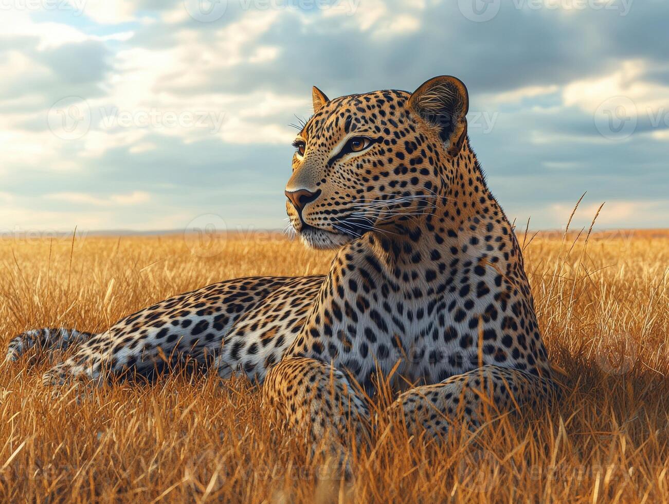 Leopard resting in golden grass under a cloudy sky photo