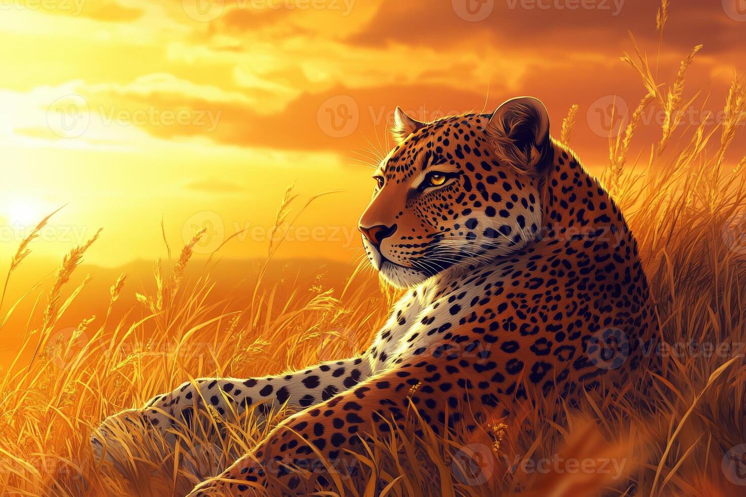 Majestic leopard rests in golden grass at sunset photo