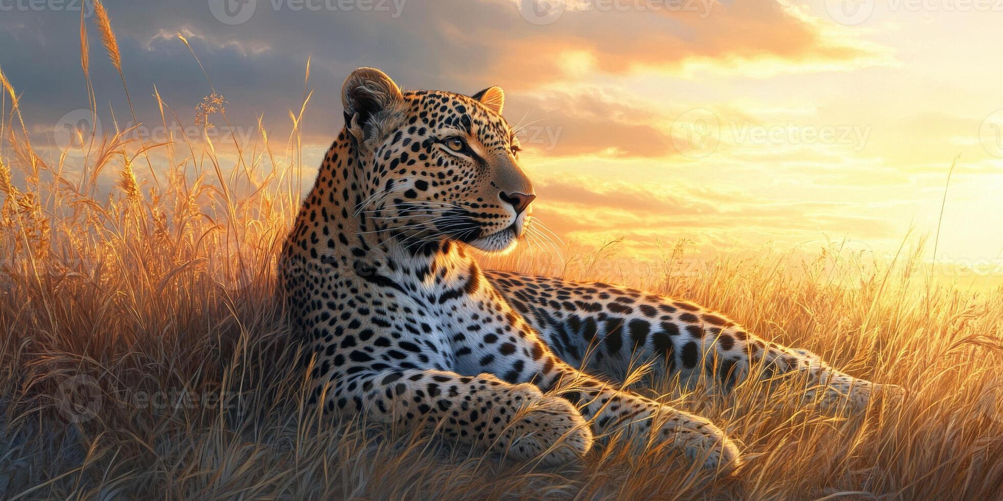 Leopard resting in tall grass during sunset photo