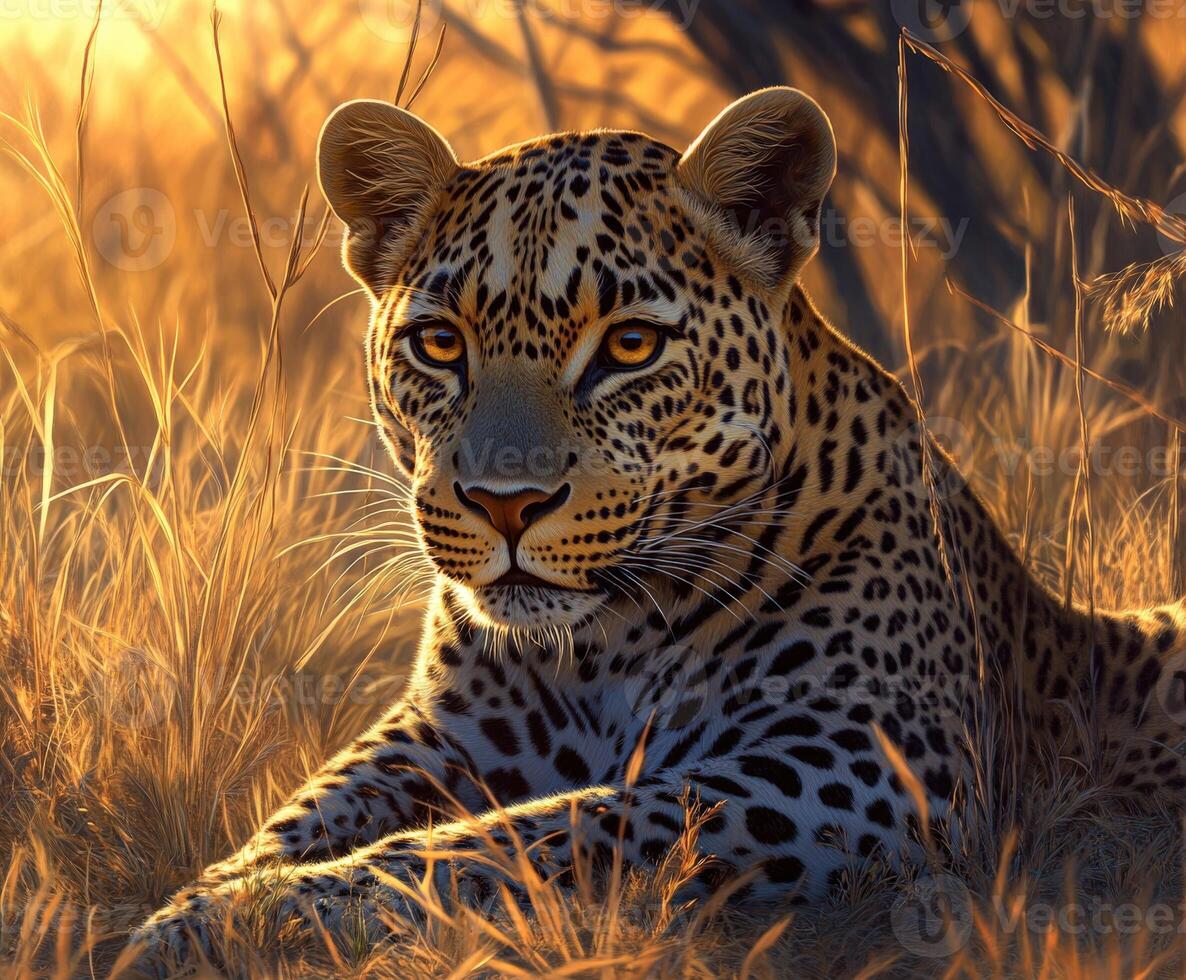 A leopard is sitting in the grass at sunset photo