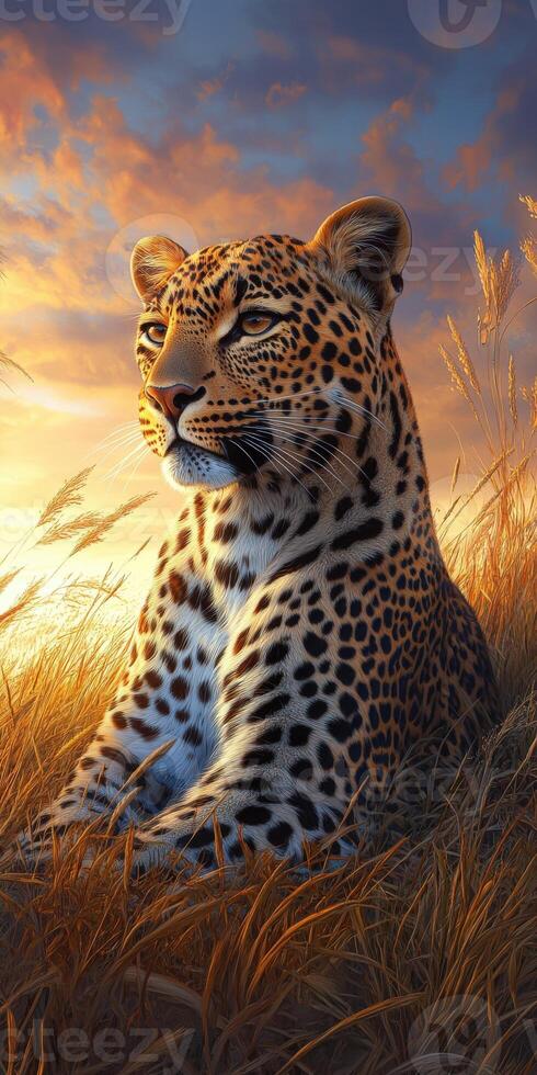 A leopard sitting in tall grass at sunset photo