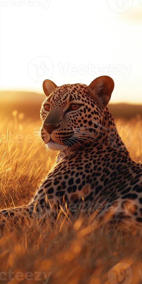Leopard resting in golden grass during sunset in the wild photo