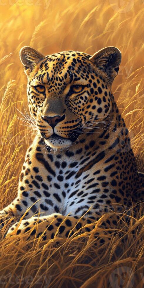 Leopard resting in golden grassland under warm sunlight photo