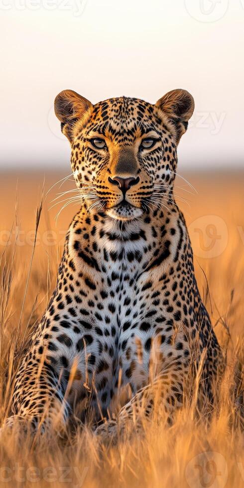 A leopard sitting in the grass with its eyes closed photo
