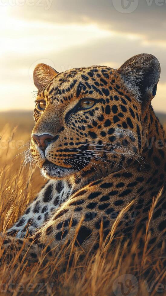 A leopard sitting in tall grass at sunset photo