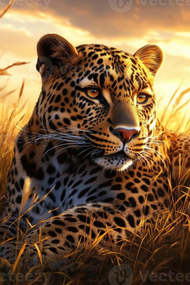 A leopard is sitting in the grass at sunset photo