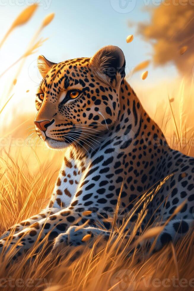 A leopard sitting in tall grass with the sun setting behind it photo