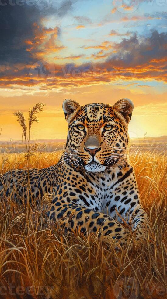A painting of a leopard in the grass photo