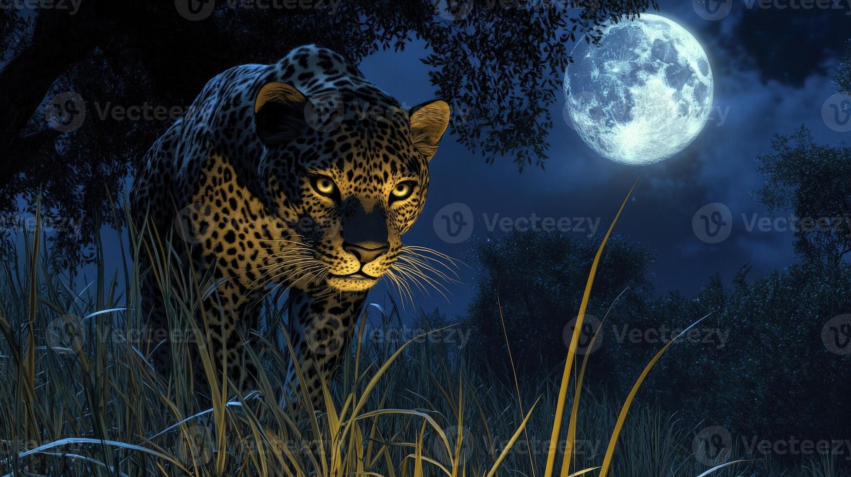 Leopard prowls under a bright full moon at night photo