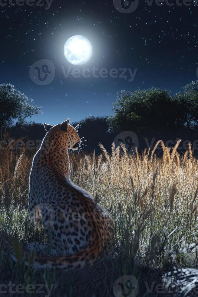 Leopard gazing at the full moon in a starry night sky photo