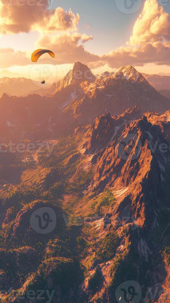 Paraglider flying over mountains at sunset photo