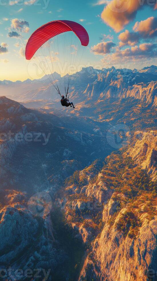 Paraglider flying over the mountains at sunset photo