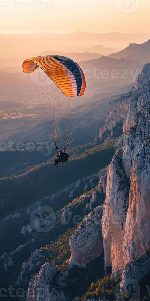 Paraglider flying over mountains at sunset photo