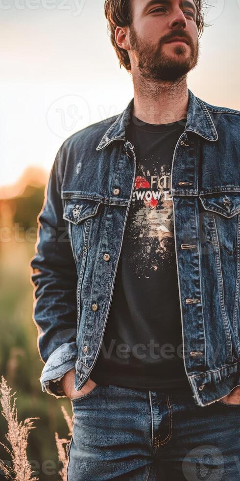 Casual outdoor portrait of a man in denim jacket at sunset photo