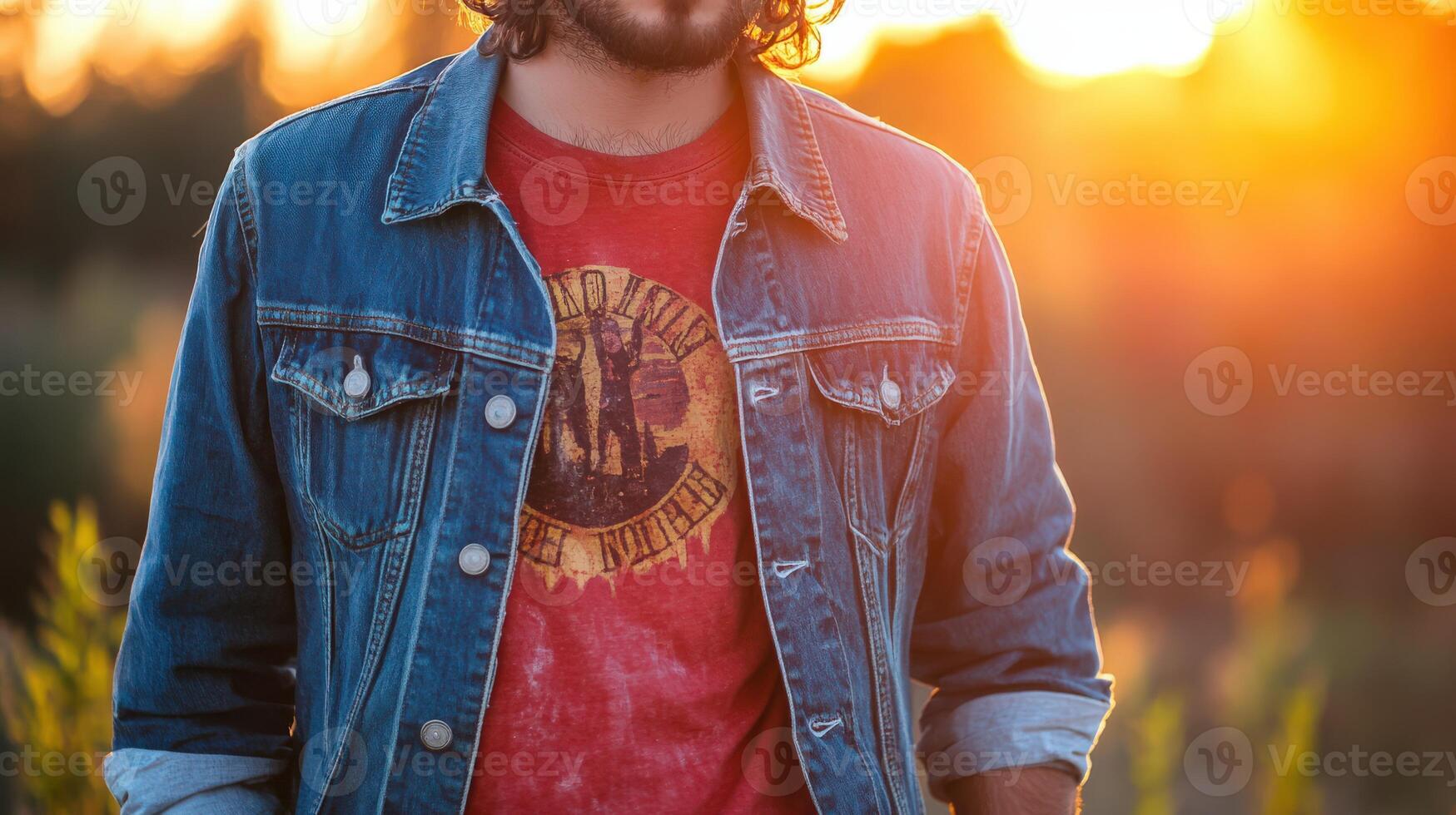 A man with long hair and beard standing in a field photo