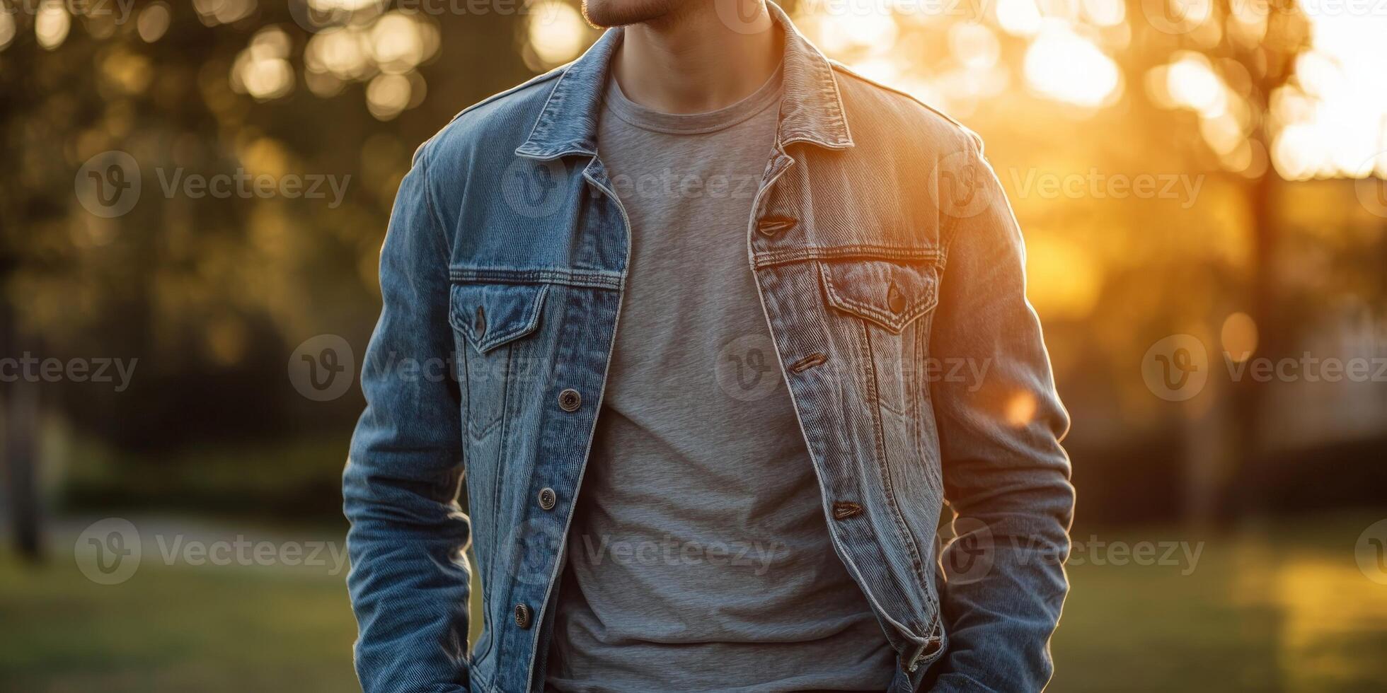 Young man enjoys sunset in a park while wearing denim jacket photo