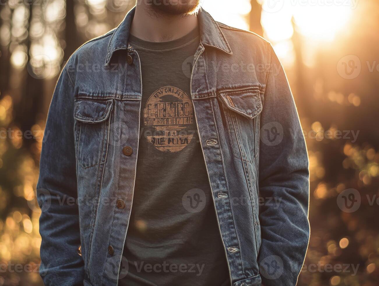 Man standing in nature during sunset wearing denim jacket photo