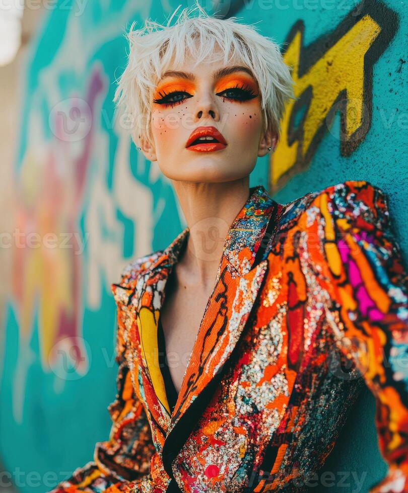 Bold fashion portrait with vibrant makeup against graffiti photo