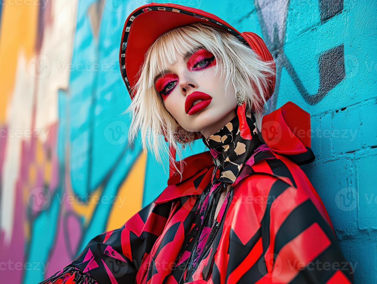 Vibrant urban fashion shoot with bold colors and makeup photo