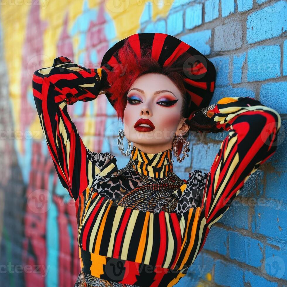 Striking model poses against vibrant urban mural background photo
