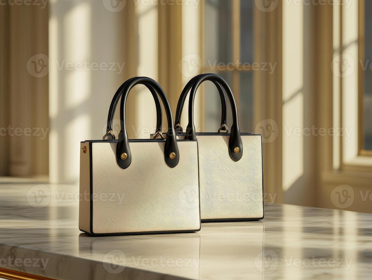 Two white handbags sitting on a table in front of a window photo