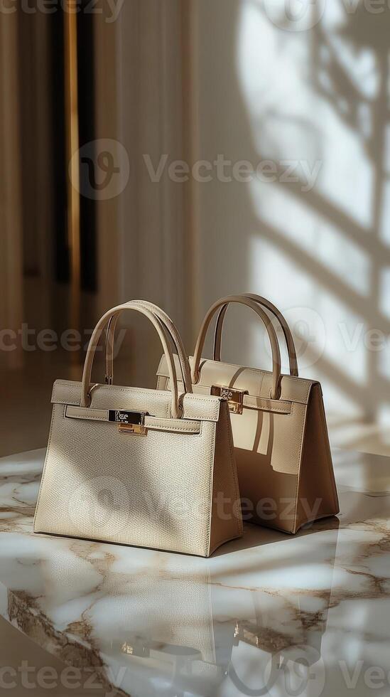 Two beige handbags sitting on a marble table photo