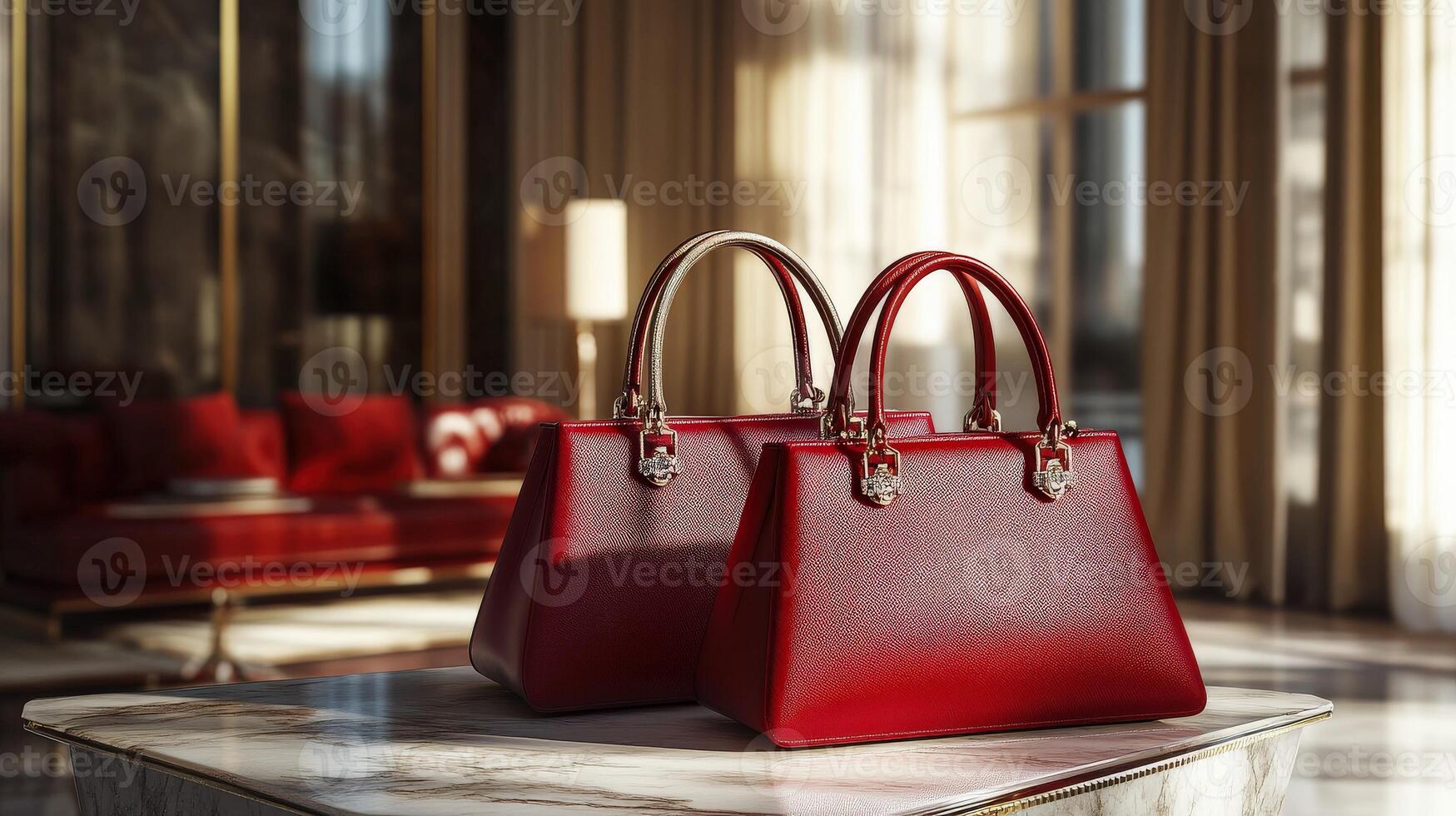 Two red handbags sitting on a table in front of a window photo