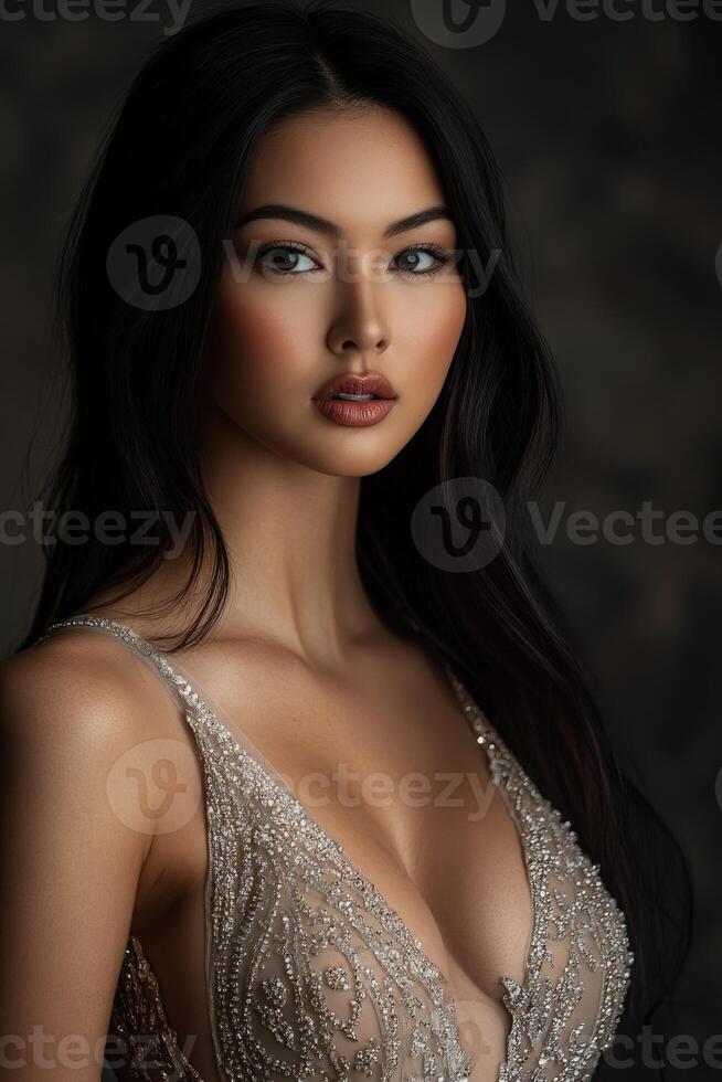 Model posing in an elegant outfit with elaborate details photo