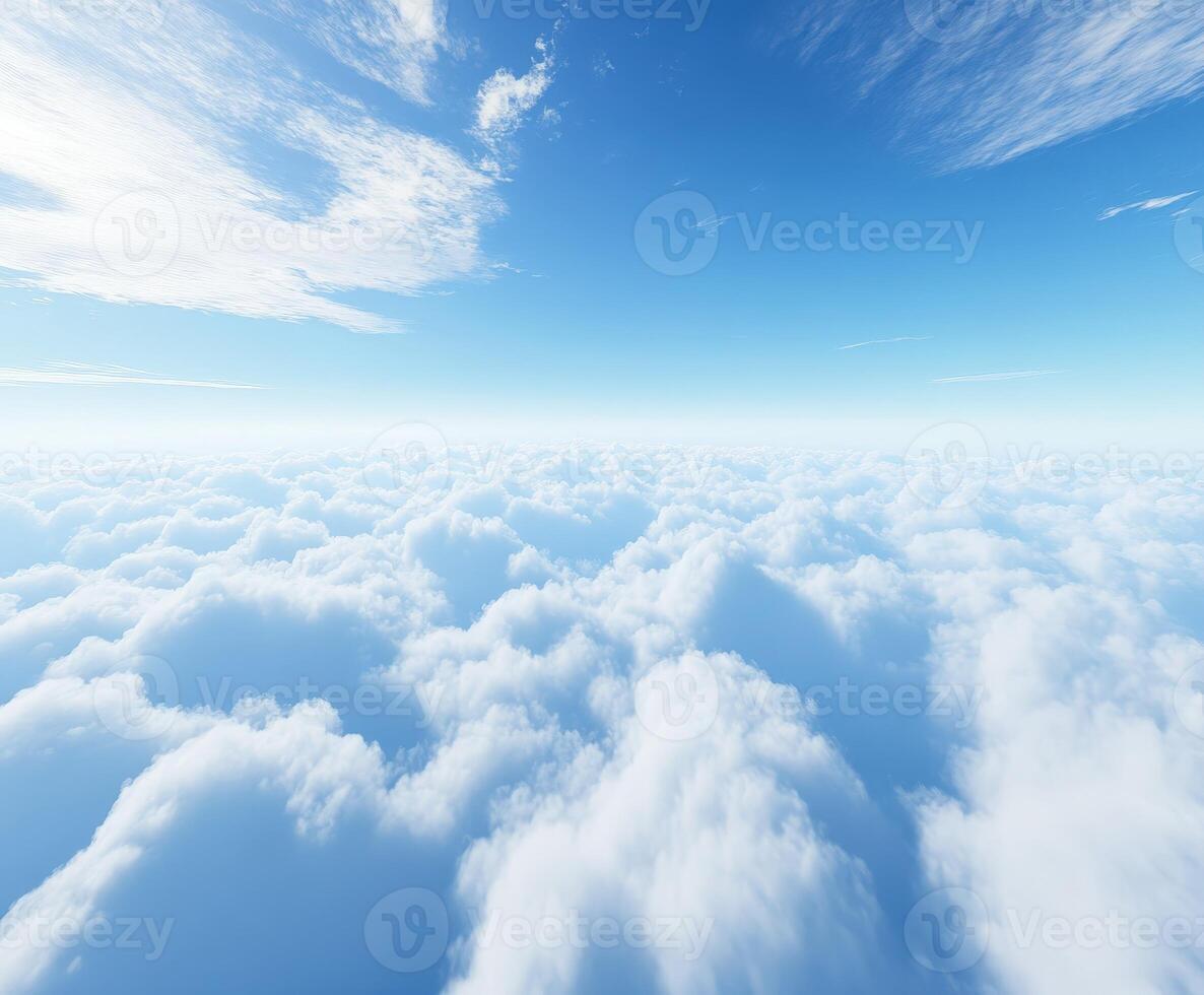 Sky covered with fluffy clouds over a bright blue horizon photo