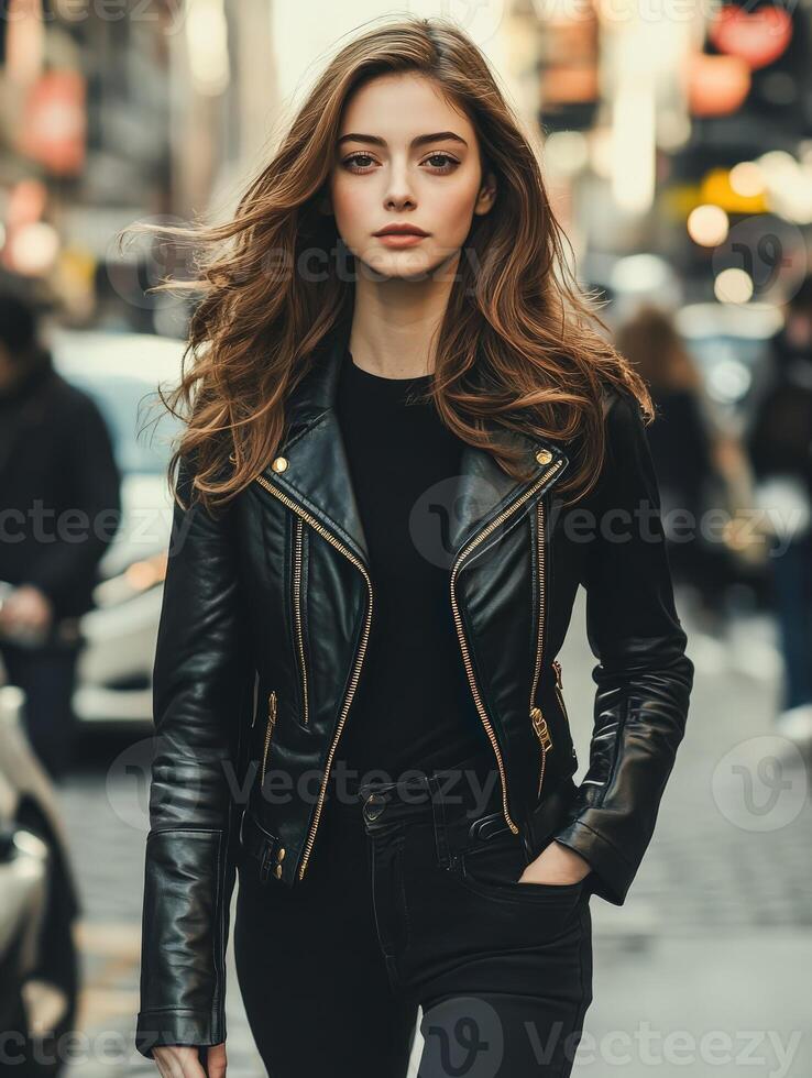 Model walking confidently in a bustling city street photo