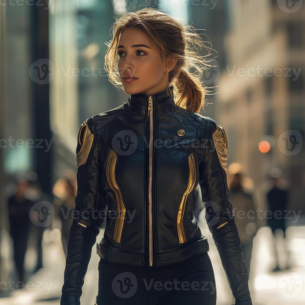 Stylish woman walks confidently in urban setting during daytime photo