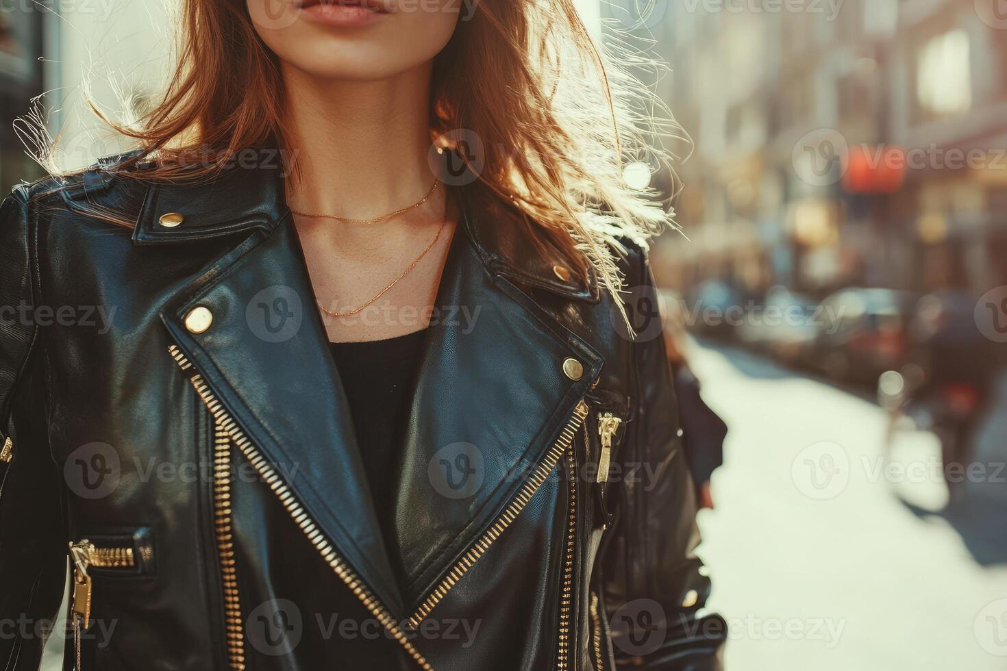 Woman wearing a leather jacket in urban setting during sunset photo