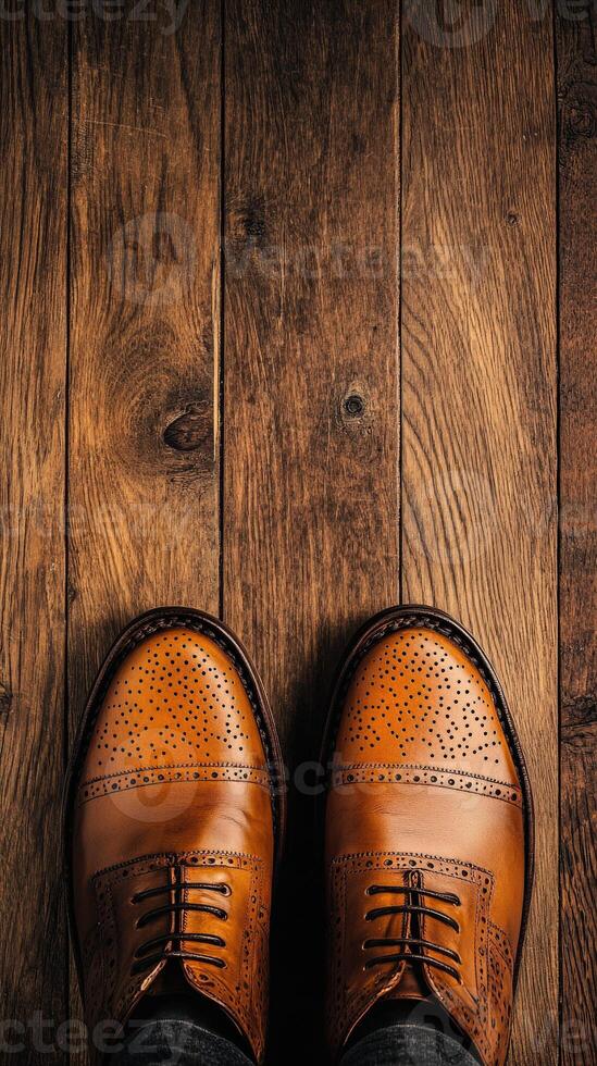 A person wearing brown shoes standing on a wooden floor photo