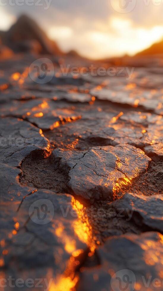 Cracked earth glows with warm light at sunset photo