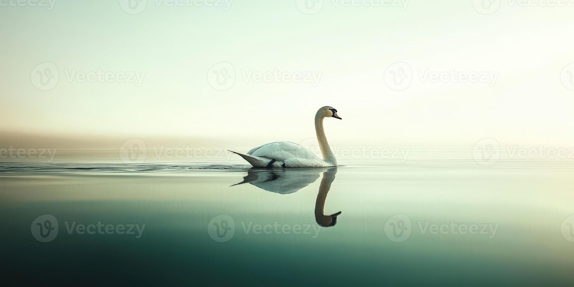 A swan swimming in the water with a reflection photo